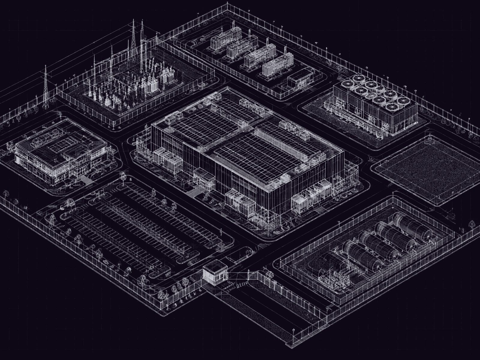 Structural wireframe blueprint of the Larsa data center campus showing the main data halls with rooftop solar, training academy, visitor parking, substation, generators, chillers and secure perimeter fence