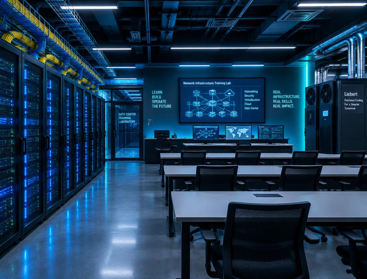 Data center training laboratory with server racks and workstations